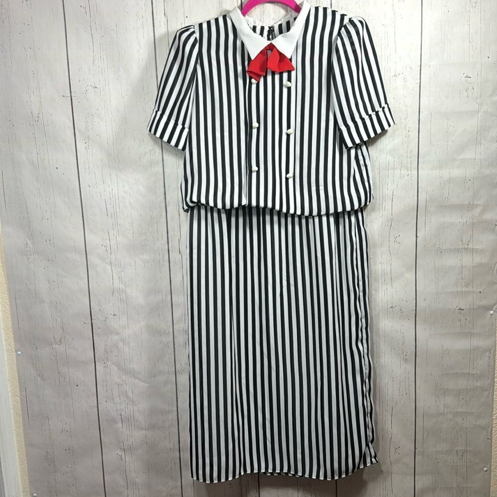 Vintage J.B. Too Black White Striped Bow Midi Dress Size 12 Secretary 80s Preppy